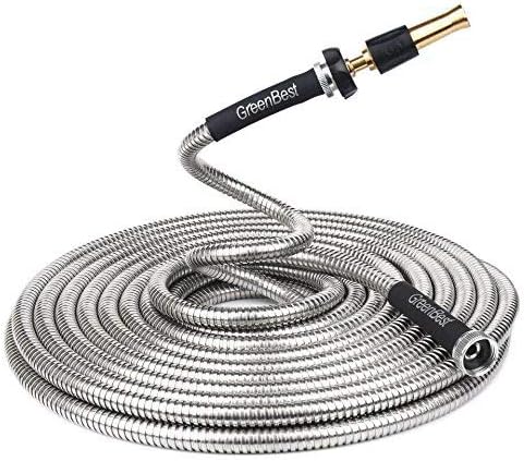 Greenbest Lightweight 304 Stainless Steel Garden Hose w/Aluminium Alloy Nozzle, Watering Your Flowers with no Kinks. Dog chew Resistant. 25, 50, 75 and 100 ft (100FT)