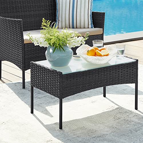 SONGMICS GGF004BZ03 4 Seater PE Resin Woven Outdoor Patio Balcony Garden Furniture Set with 1 Table, 2 Garden Chairs and 1 Outdoor Bench 2 Seater
