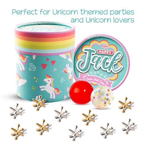 Retro Vintage Classic Jacks Game, 10 Pieces Classic Gold and Silver Metal Jacks with 1 Red Bouncy Ball and 1 Polka Ball and Instruction Set in Unicorn Box Perfect for Gifts and Unicorn Themed Parties