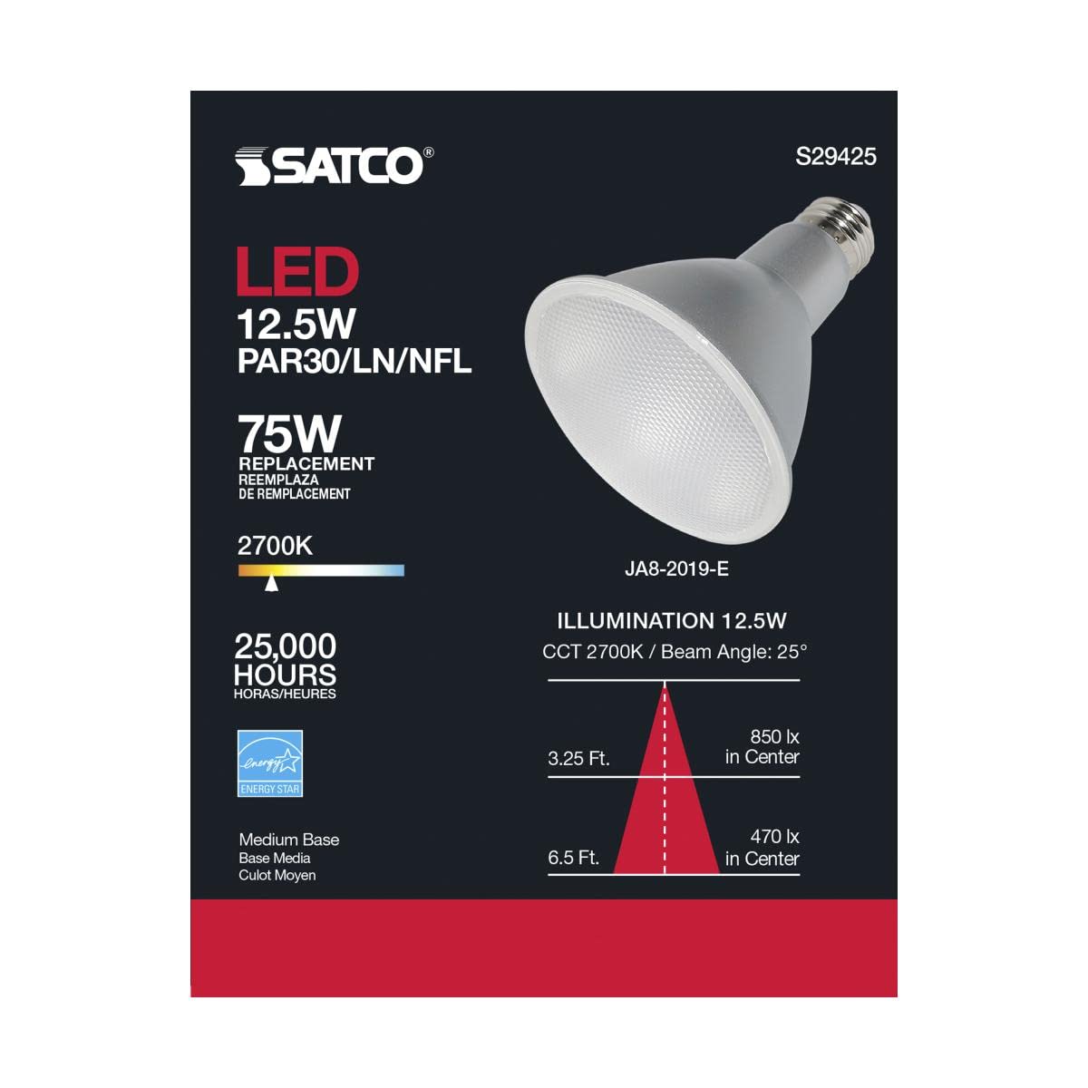 Photo 1 of Satco S29425 12.5W Long-Neck PAR30 LED Reflector Bulb, 75W Replacement, 2700K, Clear