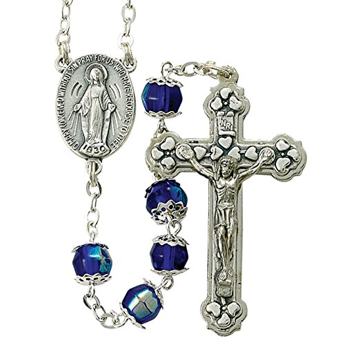 Capped Blue Dyed Glass Prayer Bead Rosary with Miraculous Medal Center, 35 Inch