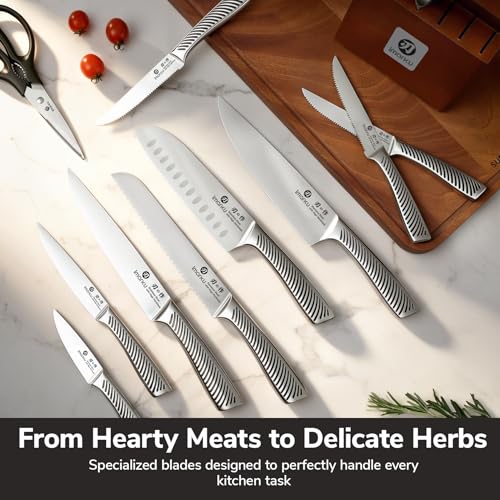 imarku 14-Piece Knife Set, Japanese Stainless Steel Knives Set for Kitchen, Full-Tang Gyutou Knife Sets with Block and Build-in Sharpener, Brown, Dishwasher Safe, House Warming Gifts for Men