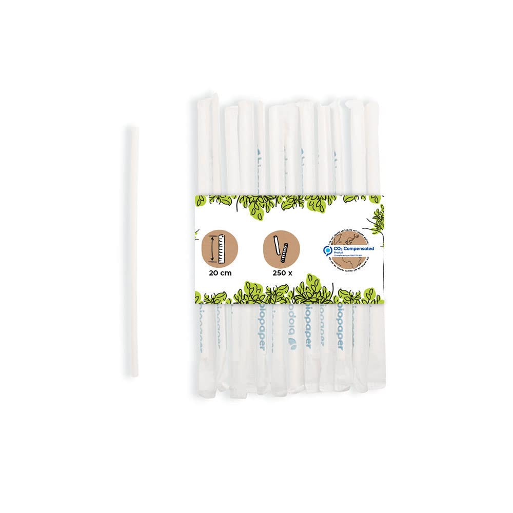 BIOZOYG Paper Drinking Straws 20 cm Straw 5 mm Ø I Drinking Straw Biodegradable I White Straws Individually Packed I Party Drinking Straws for Cocktails I Paper Straws Vertically Rolled 250 Pieces