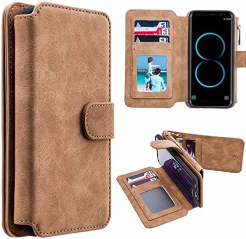 Galaxy S8 Plus Leather Magnetic Case,TENETECH Detachable Feature Premium Protective Folio Zipper Men Wallet Cover with Built-in 14 Credit Card Slots-Brown