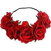AKOAK 1 Pack Rose Crown Hair Garland, Mexican Bohemian Flower Headband for Women Girls, Wedding Headwear, for Weddings, Cosplay, Travel, Beach, Photos, Parties (Red)