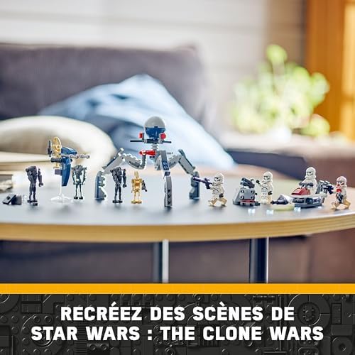 75372 Star Wars Pack de Combat des Clone Troopers et Droïdes de Combat, Jouet pour Enfants, avec Speeder Bike, Figurine Tri-Droïde et Poste Défensif, Cadeau pour Garçons et Filles Dès 7 Ans