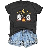 Fall Shirts for Women Cute Ghost with Coffee Pumpkin Graphic Casual Halloween Tee Autumn Thanksgiving Tops