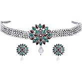 Efulgenz Oxidized Choker Necklace Earrings Set Indian Jewelry Sets for Women Indian Oxidized Jewelry Antique Boho Necklace Crystal Floral Earrings Set Bohemian Statement Jewelry for Women