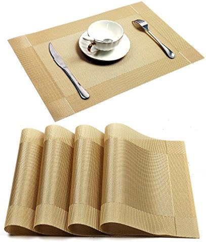 Karateemy Placemats PVC Square Placemats Heat-resistant Wipeable Washable Placemats Kitchen Dining Restaurant Decorative Table Mats Set of 4 Gold