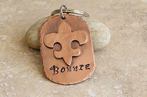 Fleur de lis copper key chain personalized with name on front and message on back