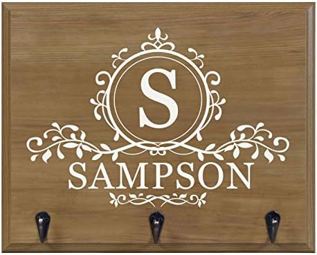 Personalized Family Name Monogram Wall Mounted Coat, Hat, Key, and Pet Leash Rack New Home Gift ideas with Metal 3 hooks 15" w x 12" h 4.25" deep by Rooms Organized (Monogram Last Name)