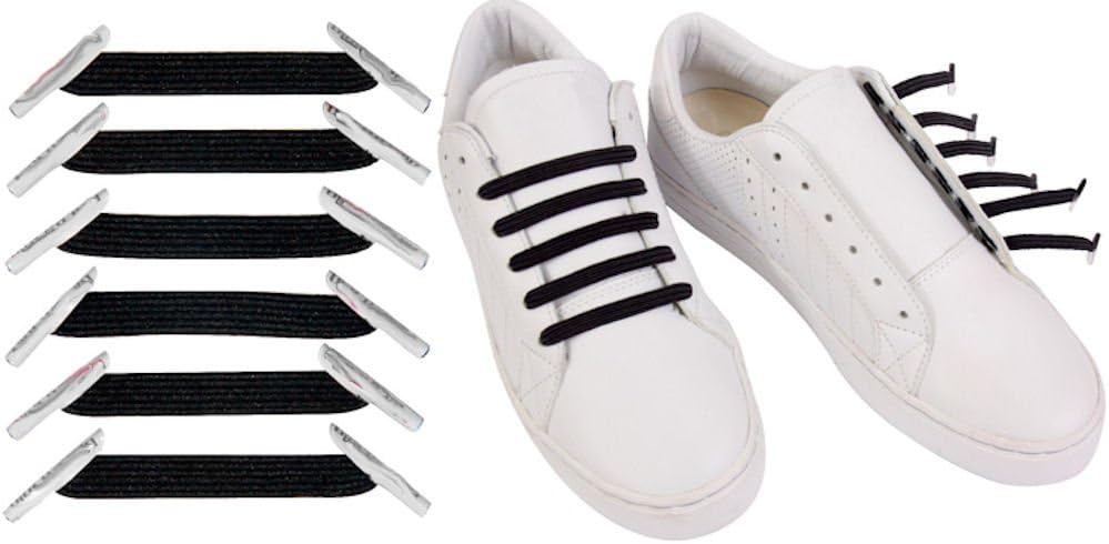 No Tie Shoelaces Flat Fat Black or White Choice Elastic Stretch Laces (Converts Your Shoes to Slip on Shoes) (Black)