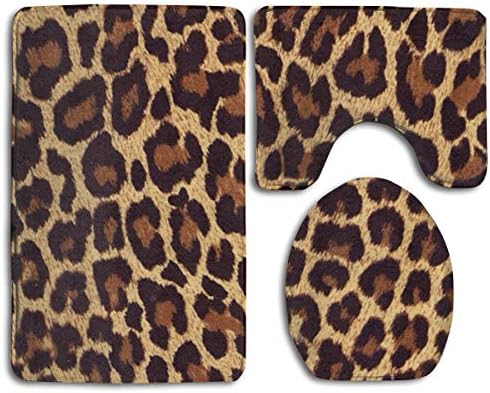 Tub-Shower Bath Rug Set 3 Pc - Memory Foam Shaggy Rugs-Super Absorbent U-Shaped Bath Mats Lid Cover - Non Slip, Toilet Quick Dry Leopard Print Rug Mat
