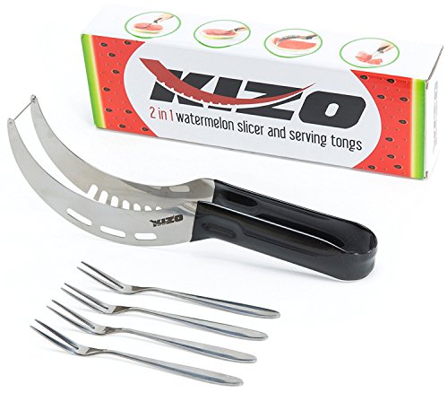 Kizo Stainless Steel Watermelon Slicer / Corer and Serving Tongs with Long Grip Handle and Set of 4 Fruit Forks