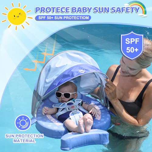 Mambobaby Baby Float with Canopy & Tail Non-Inflatable Baby Swim Float Upgrade Soft Infant Pool Float Sun Protection Newborn Pool Float 3-24 Months Skin-Friendly Material for Toddler Boys Girls