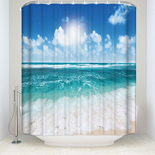 Fabric Shower Curtain Set with Hooks Waterproof & Anti-Mildew Polyester for Bathroom Showers and Bathtubs, Sea Lanscape Blue Sky Clouds (72x78 inch)