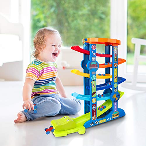 LOYO Toddler Car Ramp Toys Car Race Tracks for Toddlers with 10 Mini