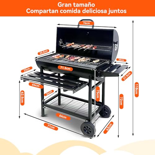 Asador de Carbon Portatil con Ruedas,Sador de Carbon Con Tapa y Doble Nivel,Parrilla Asador de Carbón con Mesa Frontal Lateral,Parrilla de Carbón Premium,Gran Capacidad,para Jardín,Patio