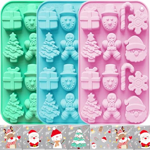 3 Pcs Christmas Chocolate Molds Silicone, Christmas Silicone Molds with Candy Bags for Gummy Candy Resin Soap Wax Melts Ice Cube Jelly