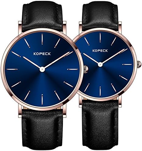 KOPECK His and Hers Ultra Thin Stainless Steel Quartz Wrist Couple Watches for Lovers (black leather)