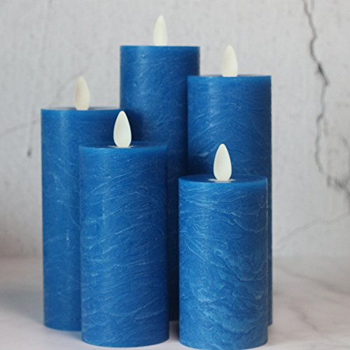 NONNO&ZGF Set of 5 Blue Frost Matte Water Ripple Moving Wick Flameless Flickering Pillar Thin Candles,Ice Crack Blue Wax Candles with Remote Control - Thumbnail 6