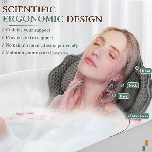 Bath Pillow RUVINCE Ergonomic Luxury Bathtub Pillow with Head,Neck, Shoulder and Back Support, 6D Bath Pillows for tub with 6 Powerful Suction Cups, Fits All Bathtub