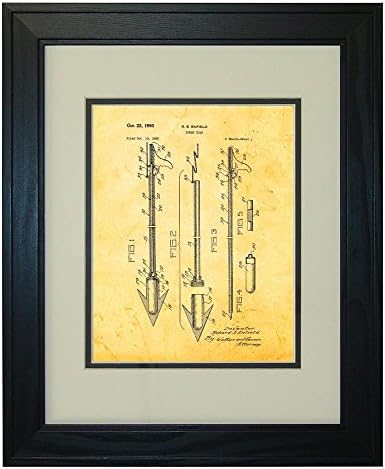 Spear Guns Patent Art Golden Look Print in a Solid Pine Wood Frame with a Double Mat (20" x 24")