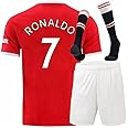 Genu Manchester Ronaldo Red Home 21/22 Soccer Kids Jersey + Shorts + Socks Set Kit Size X-Large (12 Years Old) for Youth
