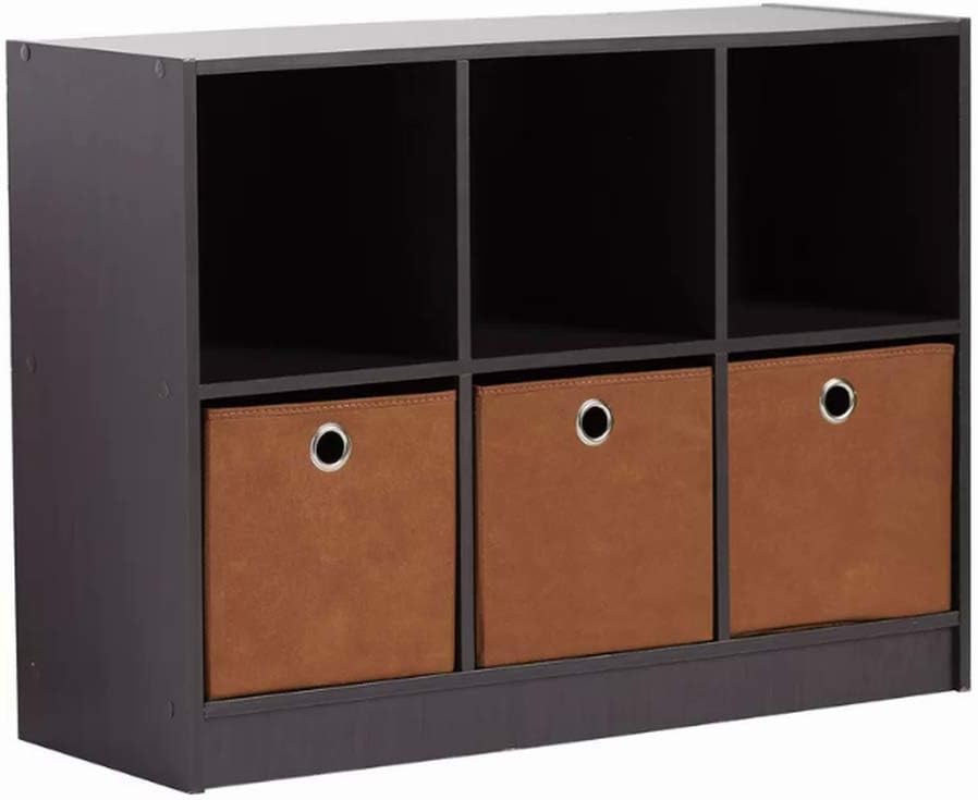 Espresso Bookcase Bookshelf Unit 6 Cubes Solid Wood Material, 3 Brown Baskets Included & E-Book