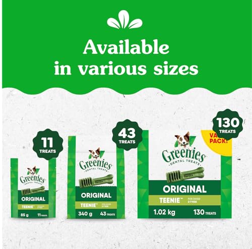 GREENIES Dog Treats Original Teenie Natural Dental Care, (43 Treats) 12oz. Pack | Cleans to gumline, dogs 2-7 kg, vet-recommended, Vitamin E immune support, calcium for bones, natural ingredients, adult dogs