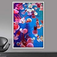 Framed Canvas Wall Art Jellyfish Bedroom Colorful Jellyfish Marine Life Multicolor Neon Photography Tropical - 16x24 inches