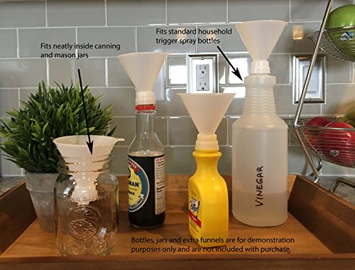 Bottiful Home - 2 Twist-On Plastic Funnel Set - Kitchen, Bath, Garage Use - Compatible w Glass, Plastic, Ceramic Bottles - Hands-Free, Food-Safe, Durable - Use w Liquids, Oils, Bath Products, Powders