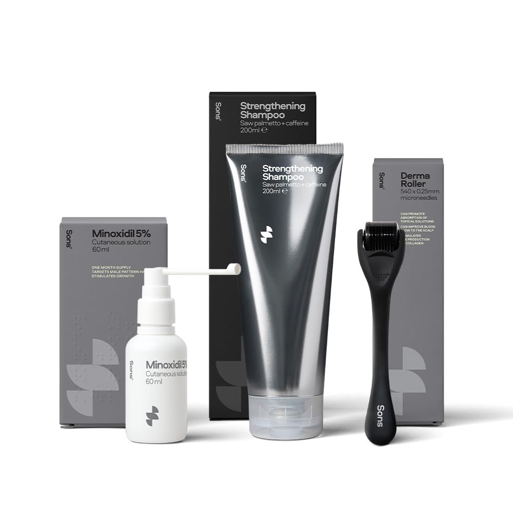 Sons Minoxidil 5%, Strengthening Shampoo and Dermaroller for Men. Hair Regrowth Treatment. Hair Growth Shampoo With Caffeine. Thickening, Anti-Dandruff, DHT Blocker. 1 Month Supply. Made in Europe.