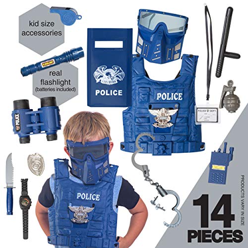 Kids Police Costume for Role Play 14 Pcs Police Toys with Police Badge, Kids Handcuffs, Shield, Vest, Flashing Light, Whistle, Police Baton - Police Officer Halloween Costume for Boys and Girls