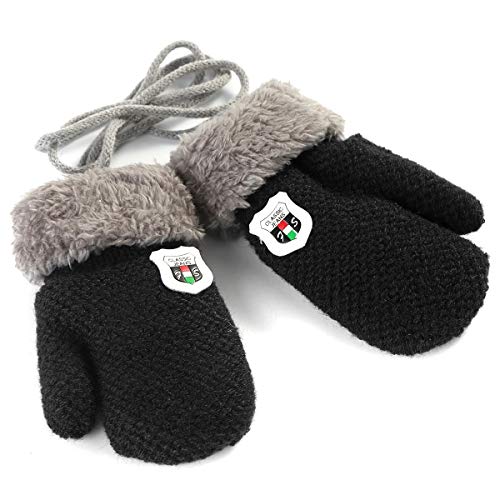 Winter Warm Baby Gloves Mittens - Infant Toddler Kids Knit Plush Lined Gloves Mittens with String for Baby Girls Boys 6 Months - 5 Years (Black) - Thumbnail 3