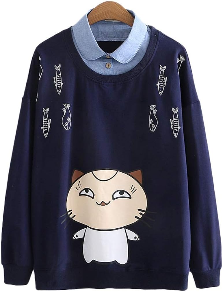 contrast cat ear cartoon print hoodie