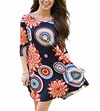 MIROL Women's 3/4 Sleeve Floral Print Swing Shift Casual Tunic Tshirt Dress with Pocket