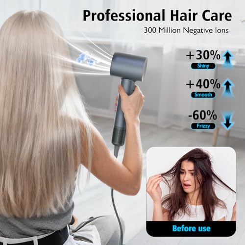 Professional Hair Dryer with Diffuser and Nozzles, 59 dB Low Noise Ionic Hair Dryer, 160,000 RPM Brushless Motor, Hair Dryer with 3 Temperatures and 2 Speed, Grey
