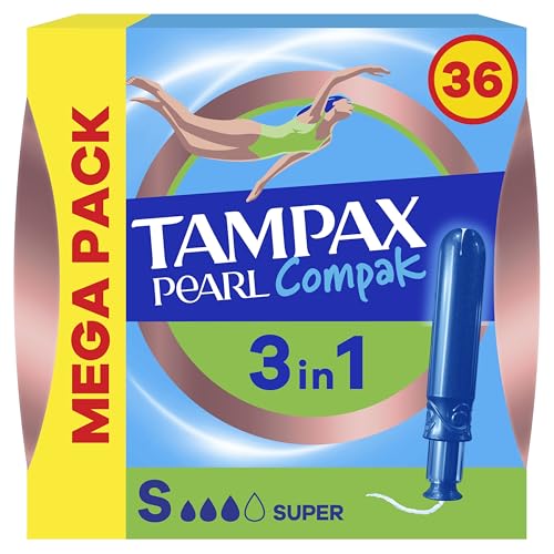 Tampax Pearl Compak Super Plus Tampones Con Aplicador, 36 Unidades, 3 en 1 Protección Antifugas, Comodidad Y Fácil Inserción