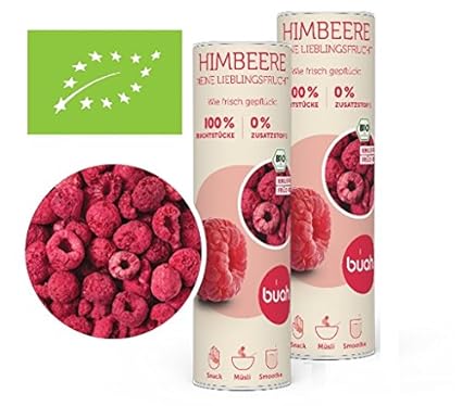 Buah | Gourmet Gefriergetrocknete Bio Himbeeren | 32g | Knuspriger Snack | Bester Geschmack für Smoothie und Müsli | Ohne Zus