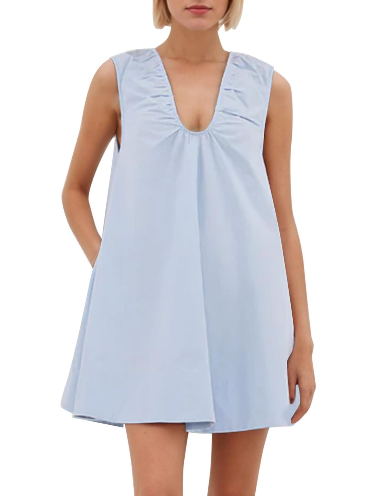 Photo 1 of CITASHION Casual Cotton Mini Dresses for Women 2025 Summer Vacation Beach Babydoll Short Tank Dress with Pockets Blue S