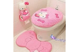 GVTTX Cute Cartoon Pink 4 PCS Bathroom Set Toilet Cover WC Non Slip Bath Mat - Toilet Contour Rug Closestool Lid Cover, Seat Cushion,Tissue Box Set (Pink)