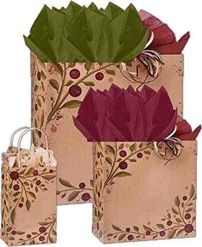 Gift Bags, Assorted Sizes, Bundled with Coordinating Tissue Paper and Raffia Ribbon (Tuscan Harvest)