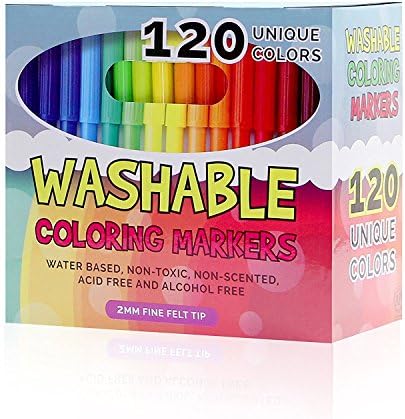 Color Marker Set - Set of 120 Unique and Vibrant Washable Coloring Markers for Kids and Adults, Completely Washable, Fine Felt Tip, Non-Toxic, Perfect for Coloring, School Projects, and Doodling