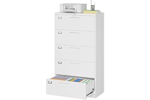 MIIIKO Lateral File Cabinet with Lock, 5 Drawer Metal File Cabinets 35.4" Wide, Home Office Locking Filing Cabinets for Legal Letter File Folders