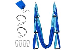 HI SUYI Anti-Gravity Aerial Yoga Hammock Swing – Six Handles Sling Pilates Set Kit Include Steel Carabiners Extension Straps No Ceiling Hanging Mount for Home & Gym Fitness