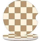 Funny Beige Checkered Car Coasters for Cup Holders, 2 Pack Car Cup Holder Coasters for Women Men, 2.56 inch Anti Slip Insert Absorbent Ceramic Car Cup Coasters with Cork Base and Finger Notch