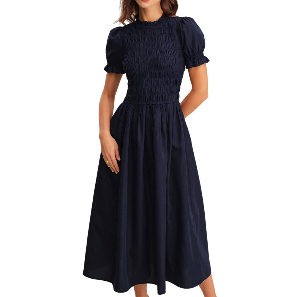 Photo 1 of ***COLOR NAVY BLUE*** RIHOAS Womens Shirred A-Line Midi Dress Summer Dresses Casual Puff Short Sleeve Smocked Flowy Ruffle Boho Beach Party Maxi Sundress SIZE XS