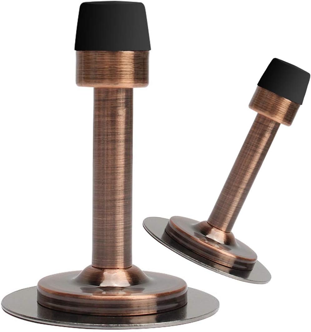 LemonHo No Drills or Screw in Wall Mounted Door Stopper 3M Self Adhesive Tape, Stainless Steel Doorstop with Rubber Bumper Tip Wall Guard Pack of 2 Commercial Door Stops, 3 Inches Height, Red Bronze