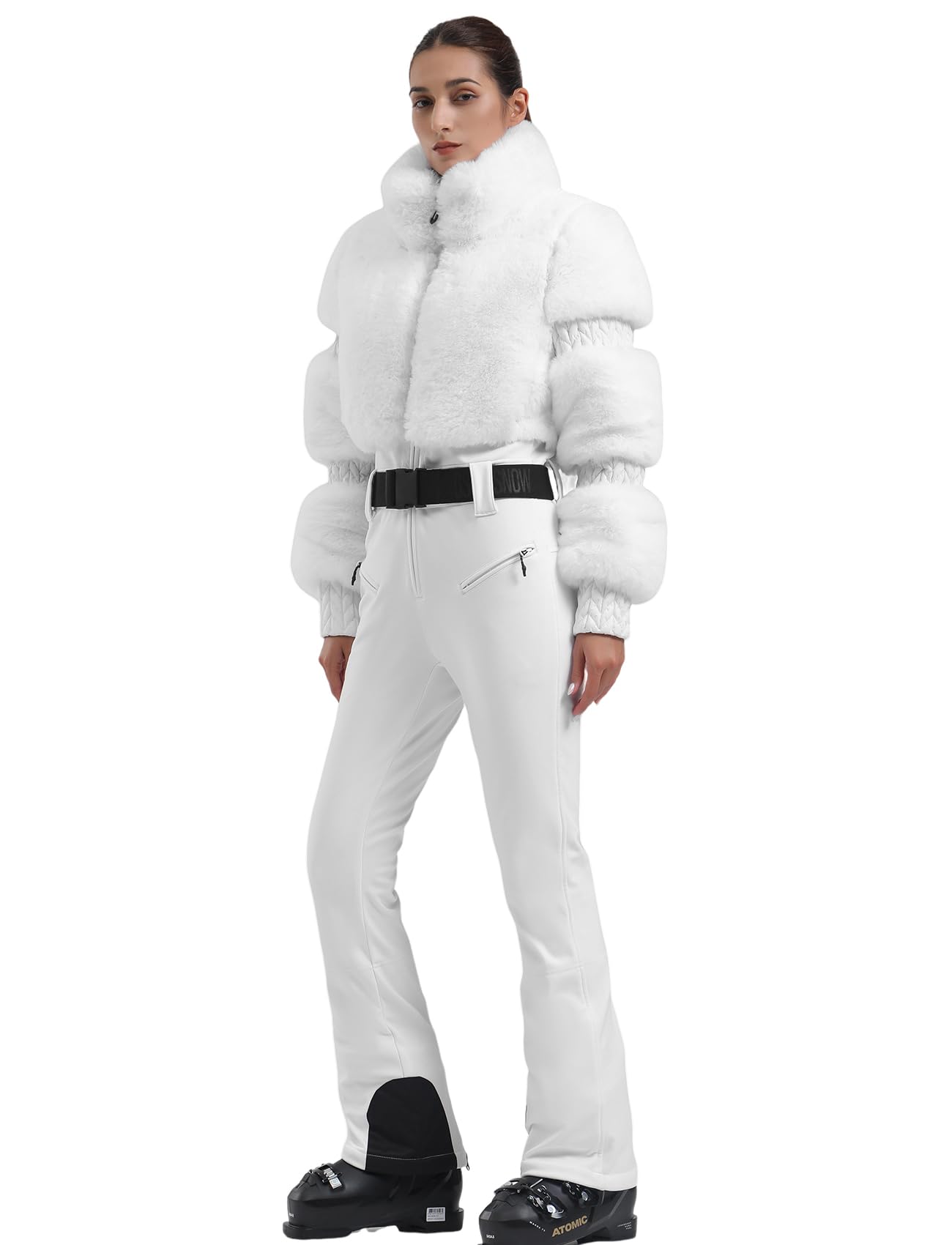 Photo 1 of GSOU SNOW Women Ski Suit One Piece Snowsuit Snowboard Faux Fur Collar Slim Jumpsuit Jacket Insulated Windproof Outdoor Winter White M